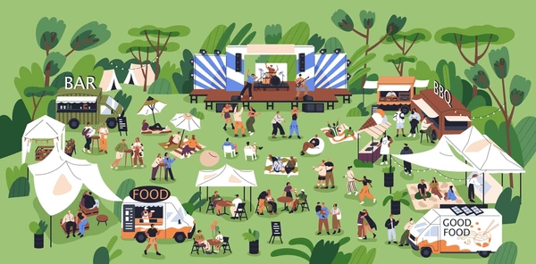 An Illustration of an outdoor venue, the scene showcases an expansive green field, surrounded by different food trucks and a band playing in the middle.